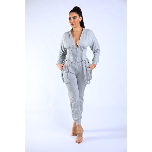 Women's Long Sleeve Zip-Up Strappy Terry Casual Hoodie Two-Piece Set Super Cute - Picture 10 of 11